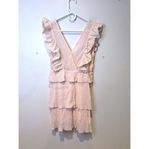 Ruffle Tiered Mini Dress V-Neck Sleeveless Pink Party Cocktail Dress Crepe Small